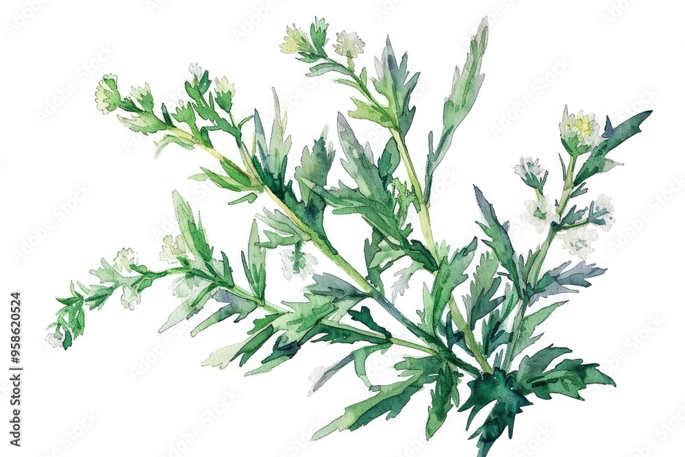 Naklejka premium Aromatic Wormwood Herb Watercolor Illustration for Natural Health Therapy