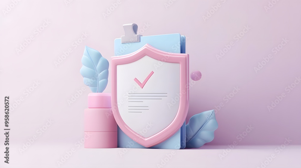 Document with shield and check mark. Health insurance, document security , data protection, finance and medical service concept. 3d vector icon. Cartoon minimal style. White background Document with shield and check mark. Health insurance, document security , data protection, finance and medical service concept. 3d vector icon. Cartoon minimal style. White background