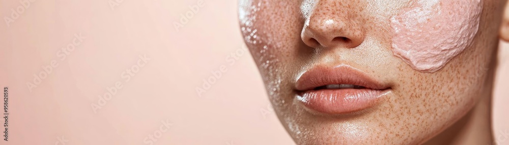 Obraz premium Close-up of a woman's face with a clay mask, showcasing natural beauty and skincare routine for healthy glowing skin.