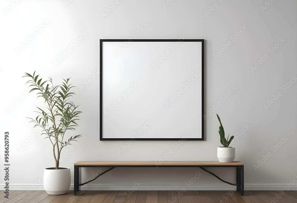 Minimalist interior with a large black frame on the wall, a wooden bench, and a potted plant. Minimalist interior with a large black frame on the wall, a wooden bench, and a potted plant.