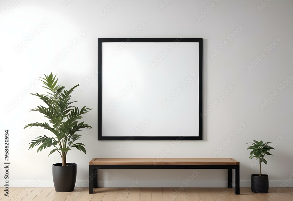 Minimalist interior with a large black frame on the wall, a wooden bench, and a potted plant. Minimalist interior with a large black frame on the wall, a wooden bench, and a potted plant.