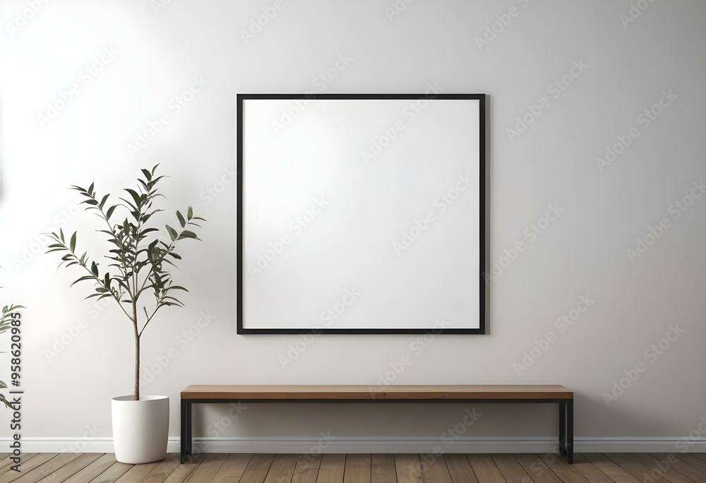 Minimalist interior with a large black frame on the wall, a wooden bench, and a potted plant. Minimalist interior with a large black frame on the wall, a wooden bench, and a potted plant.