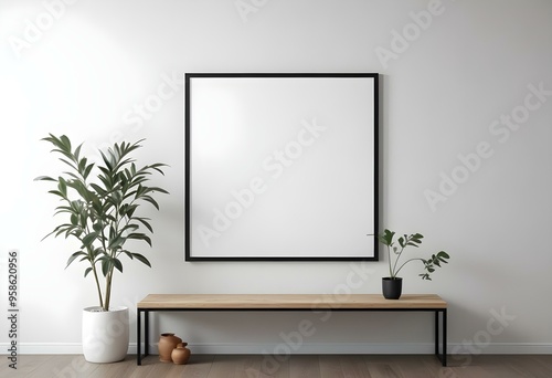 Minimalist interior with a large black frame on the wall, a wooden bench, and a potted plant.