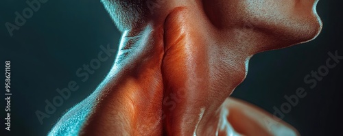 Close-up of a human neck showcasing its muscular structure and contours with dramatic lighting. Ideal for health and anatomy themes.