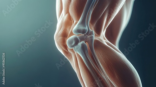 Detailed image of a human knee joint, showcasing anatomy, muscles, and bones in an artistic and educational style.