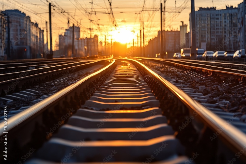 Obraz premium A vibrant sunset casts a golden glow on railway tracks extending into the distance, with the city in the background, capturing the essence of journey and transition.