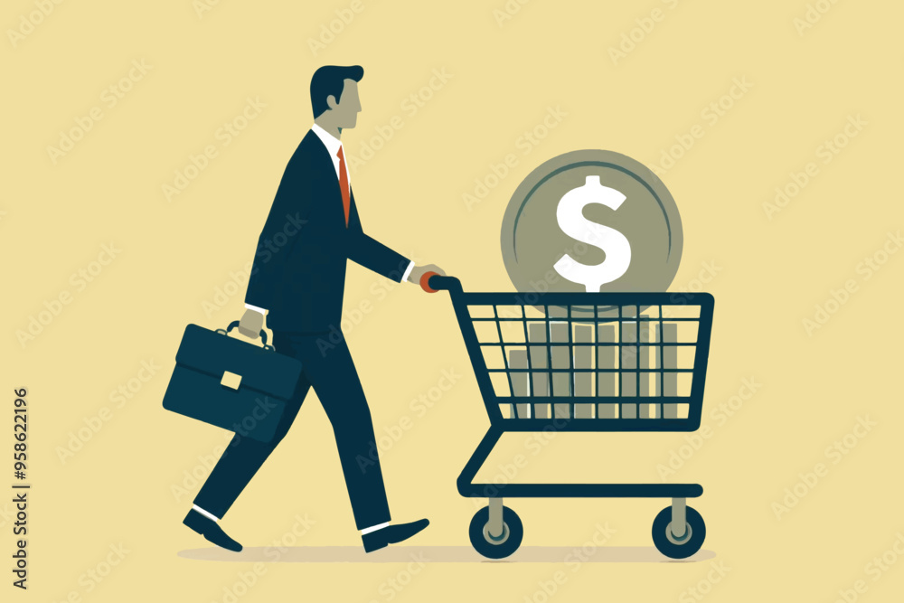 A businessman pushing a shopping basket containing dollar coins A businessman pushing a shopping basket containing dollar coins