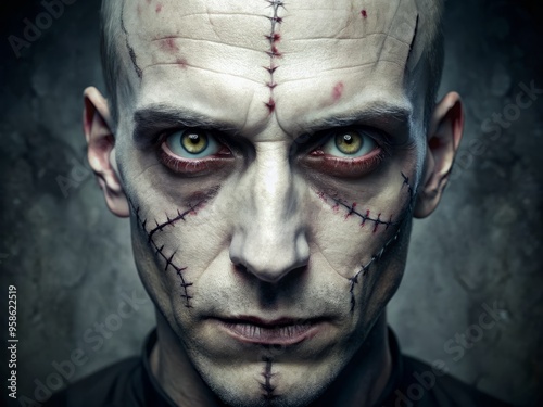 Eerie, stitched-together visage with pale skin, prominent forehead, and sunken eyes, evoking a sense of gothic horror