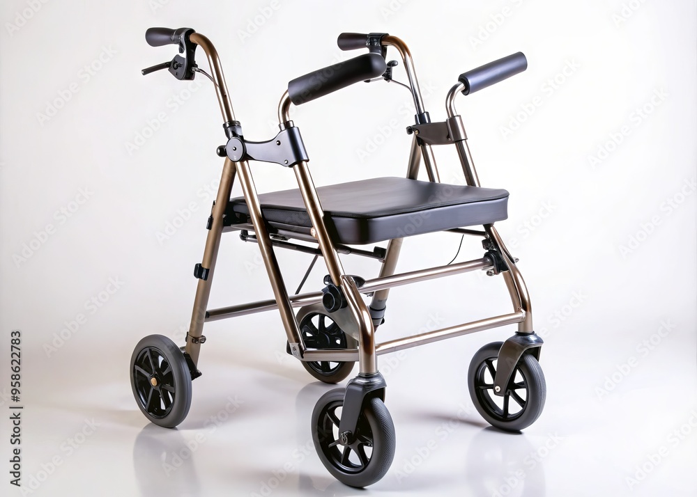 Elderly mobility aid with sturdy frame, comfortable grip handles, and durable wheels, providing stability and support Elderly mobility aid with sturdy frame, comfortable grip handles, and durable wheels, providing stability and support