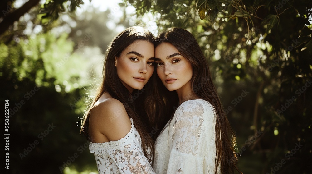 Fototapeta premium Two women embracing in natural sunlight, wearing white outfits, surrounded by greenery in a serene outdoor setting