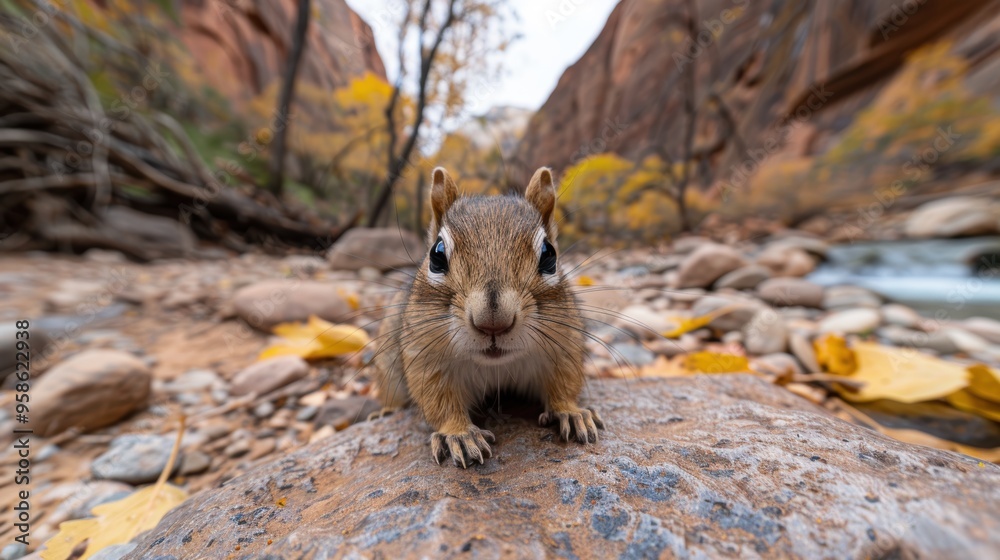 An inquisitive chipmunk standing alert on a rock with a vibrant autumnal canyon landscape in the background featuring fallen leaves on the ground An inquisitive chipmunk standing alert on a rock with a vibrant autumnal canyon landscape in the background featuring fallen leaves on the ground