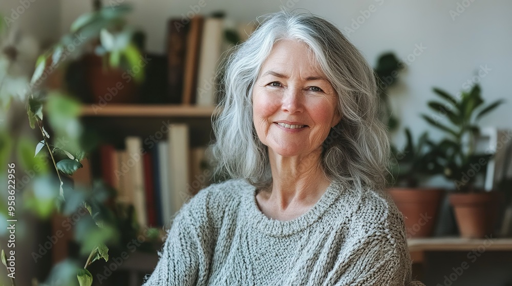 A cheerful older woman with long gray hair smiles warmly while sitting near houseplants in a cozy indoor space A cheerful older woman with long gray hair smiles warmly while sitting near houseplants in a cozy indoor space