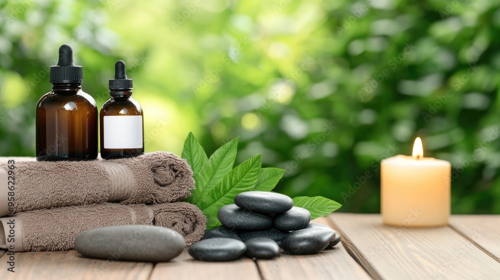 Neatly stacked towels and glowing candles create a calm outdoor spa ambiance, complemented by green leaves and smooth black stones for relaxation Neatly stacked towels and glowing candles create a calm outdoor spa ambiance, complemented by green leaves and smooth black stones for relaxation