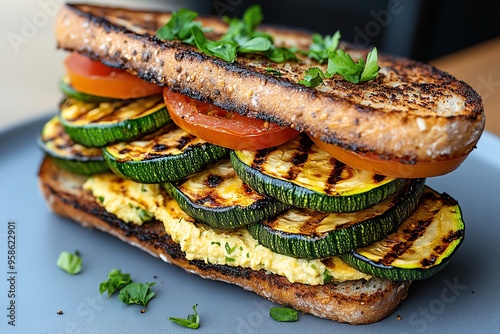 Frisches Sandwich, Hummus, gegrillte Zucchini bietet eine vegane Alternative voller Geschmack photo