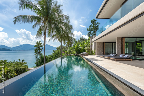 Luxurious oceanfront villa with infinity pool and stunning mountain view, destination vacation concept