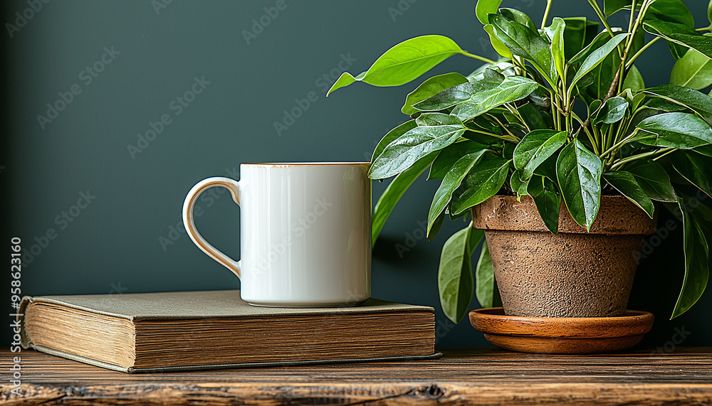 Fresh coffee on table, book and flower pot generated by AI Fresh coffee on table, book and flower pot generated by AI