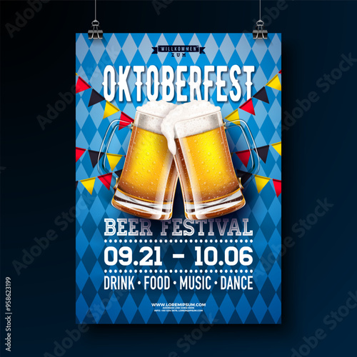 Oktoberfest Beer Festival Party Poster Illustration with Fresh Lager Beer in the Mug, German Flag Garland and Typography Lettering on Bavaria Flag Background. Vector Traditional German Celebration