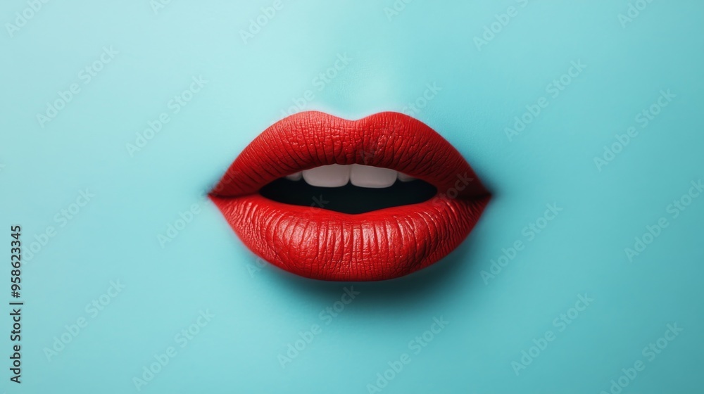 A detailed close-up image of red lips against a blue background, emphasizing texture and color contrast, symbolizing beauty, communication, and modern aesthetics. A detailed close-up image of red lips against a blue background, emphasizing texture and color contrast, symbolizing beauty, communication, and modern aesthetics.