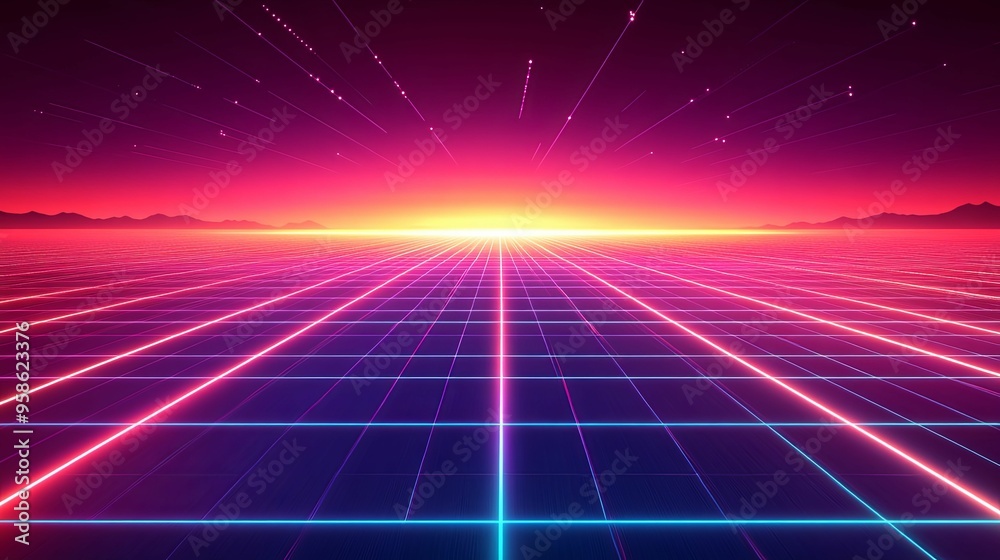 Neon Grid Landscape with Pink and Blue Lights at Sunset Neon Grid Landscape with Pink and Blue Lights at Sunset