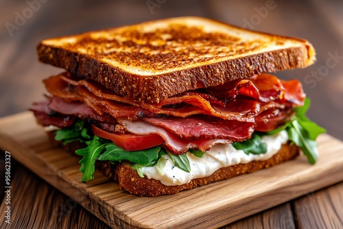 Frisches Sandwich, frische KrÃ¤uter, gerÃ¶stetes Fleisch bietet einen vollmundigen Geschmack photo