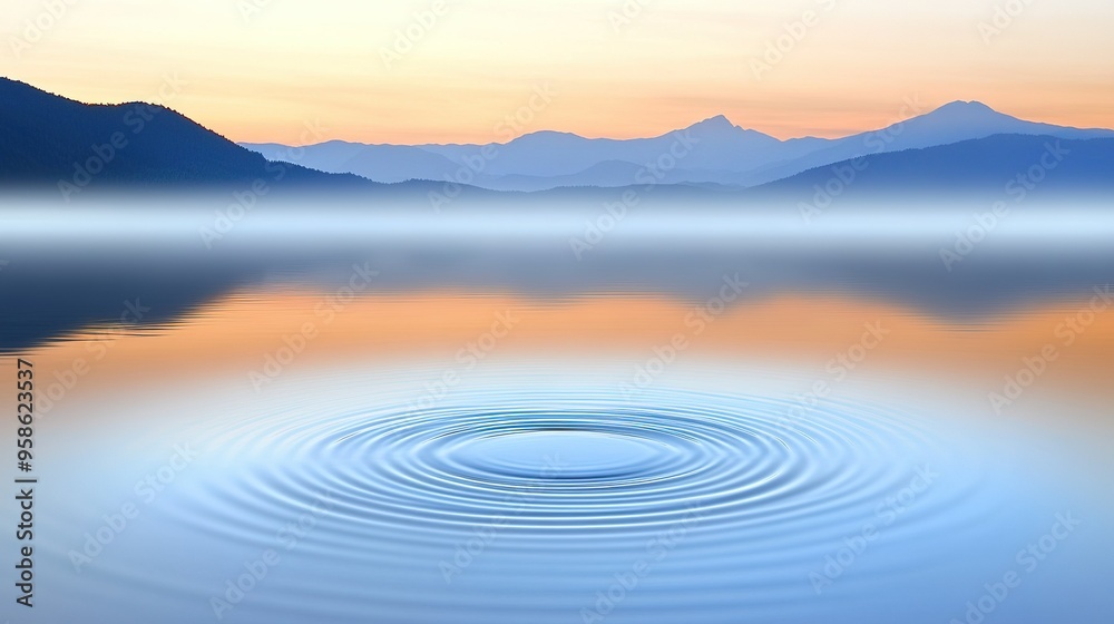 Tranquil waters reflecting mountains and dawn sky with ripples on the surface at a serene lakeside location Tranquil waters reflecting mountains and dawn sky with ripples on the surface at a serene lakeside location