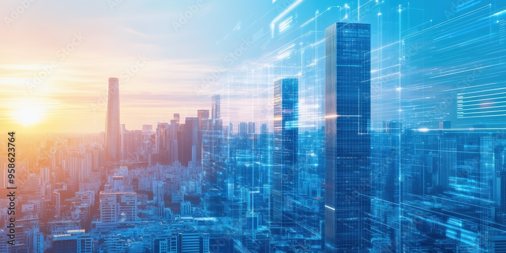 Futuristic cityscape at sunset, featuring modern skyscrapers and digital overlay, symbolizing innovation and technology.