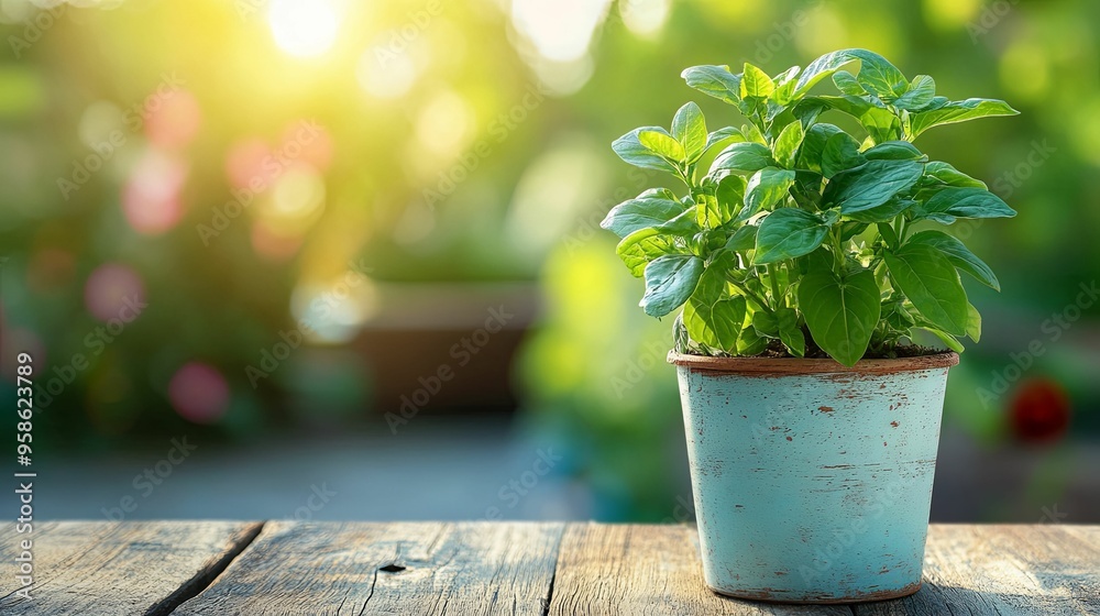 A Potted Plant with Green Leaves on a Wooden Table with a Blurred Background A Potted Plant with Green Leaves on a Wooden Table with a Blurred Background