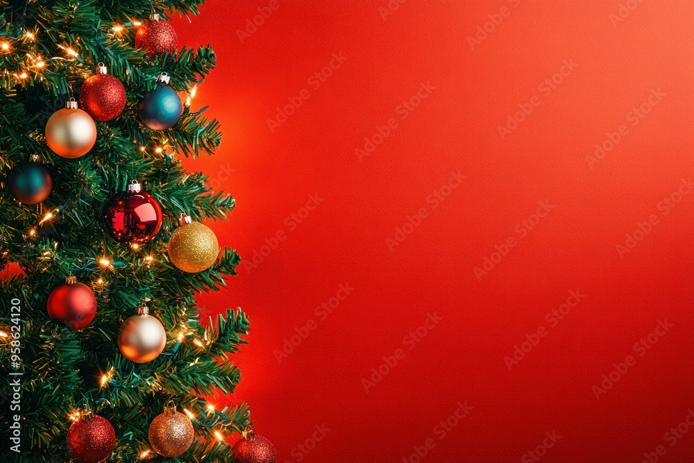 Decorated Christmas Tree Branch with Red Background Decorated Christmas Tree Branch with Red Background