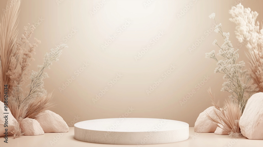 Abstract nature scene Stone podium composition and dry flower on beige brown background for cosmetic, beauty product branding, perfume, skin care and cosmetic backdrop. Copy space, front view. Abstract nature scene Stone podium composition and dry flower on beige brown background for cosmetic, beauty product branding, perfume, skin care and cosmetic backdrop. Copy space, front view.