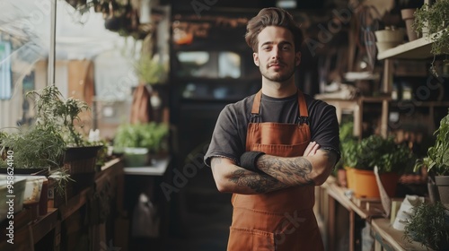 Urban farmer in a vibrant workspace surrounded by plants and gardening supplies photo