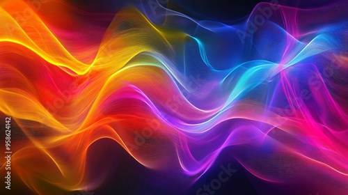 A vibrant and colorful wave of abstract light, showcasing a blend of orange, pink, blue, and purple hues against a dark background.