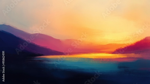 Abstract Landscape with Sunset Over a Lake and Mountains