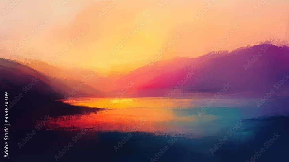 Abstract Sunset Landscape with Water and Mountains Abstract Sunset Landscape with Water and Mountains