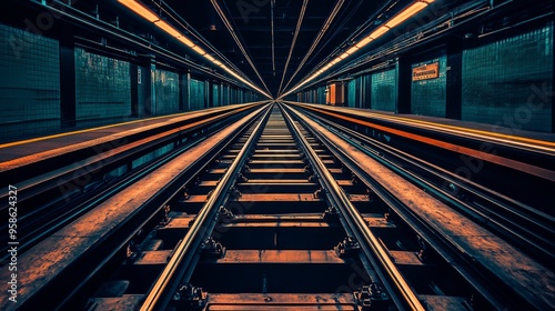 A neon-lit metro station with perfect symmetry and vanishing point perspective. Suitable for themes of urban life, travel, architecture, and modern transportation.