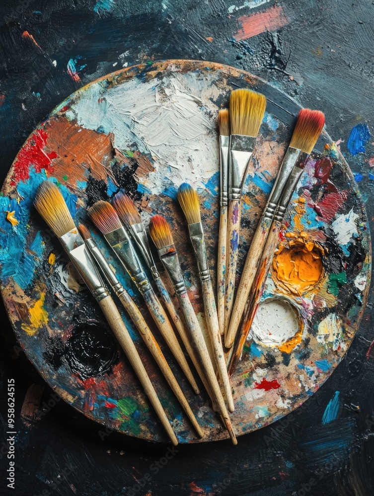 Fototapeta premium Artistic Display of Paintbrushes and Palette