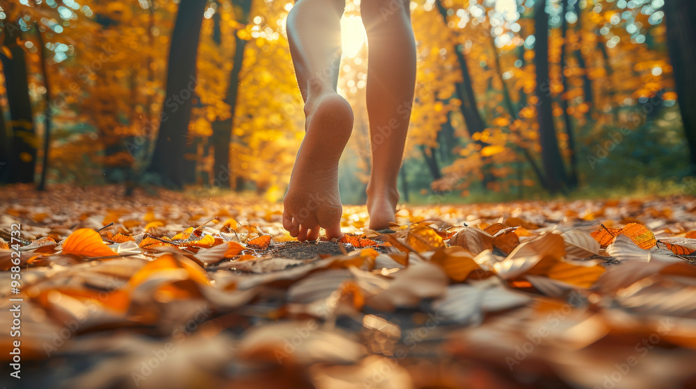 Autumn Barefoot Walk in Forest with Golden Leaves Sunlight Autumn Barefoot Walk in Forest with Golden Leaves Sunlight