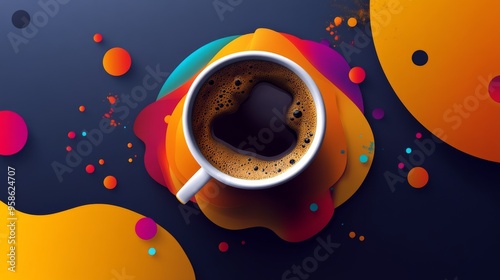 A visually striking image of a coffee cup placed against a vibrant and colorful abstract background, combining elements of warm colors and geometric shapes.