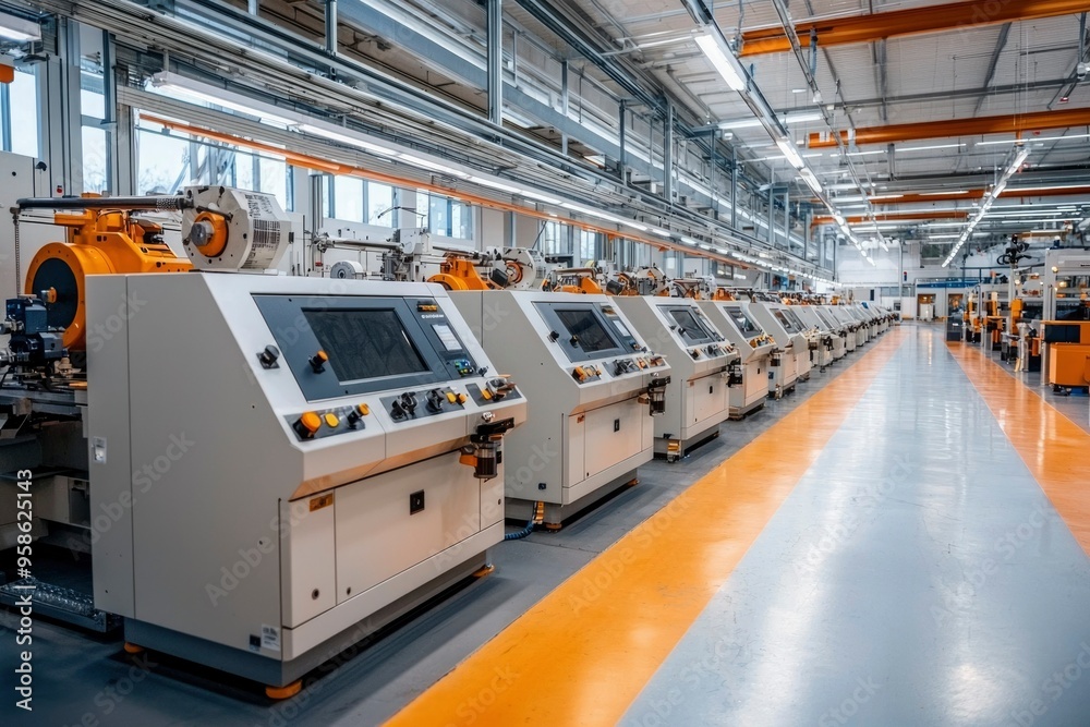 A Row of Industrial Machinery in a Factory Setting A Row of Industrial Machinery in a Factory Setting