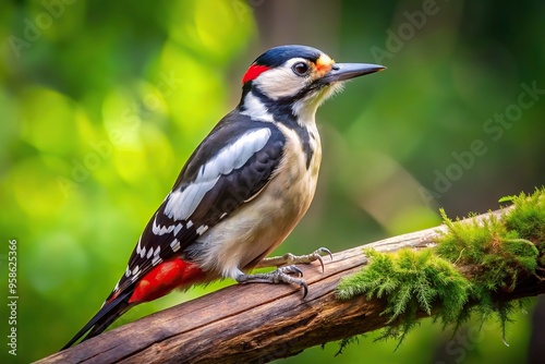 A close up shot of a great spotted woodpecker perched on a tree branch in a lush forest, great spotted woodpecker, ecosystem, close-up, feathered, woodland, forest, bird, birdwatching