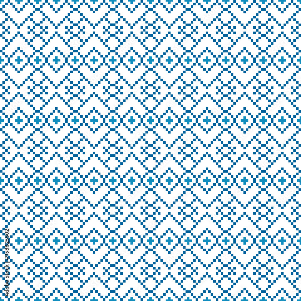 Fototapeta premium Seamless blue and white pixel art pattern arranged in a repeating geometric pattern. This vector illustration is perfect for use in winter themed projects, textiles, digital artwork, and home decor