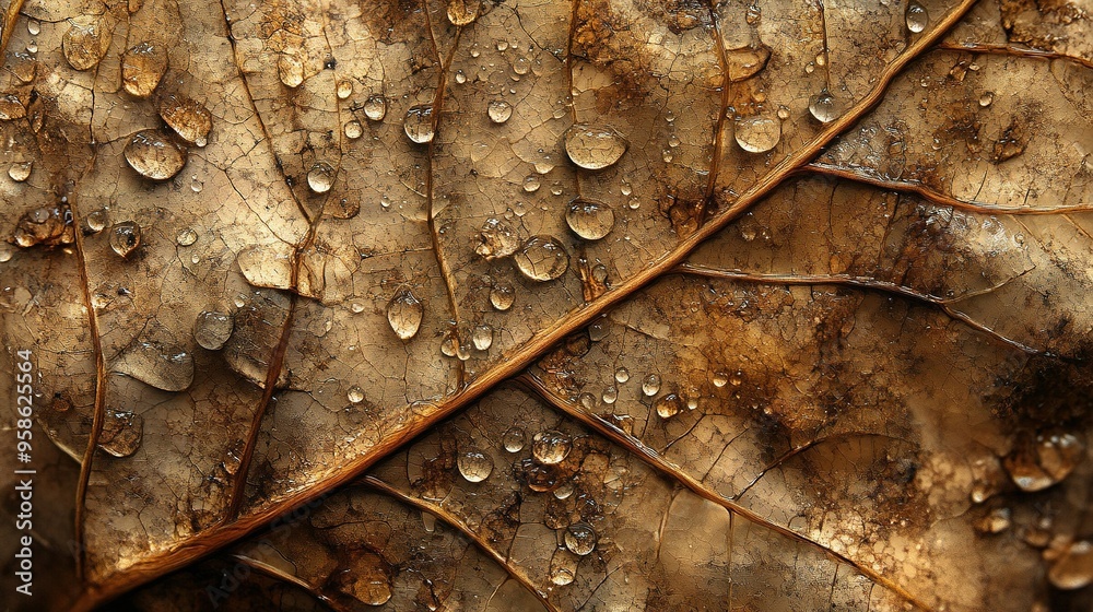 Fototapeta premium Close-up view of water droplets resting on fallen autumn leaves in a natural setting during early morning hours