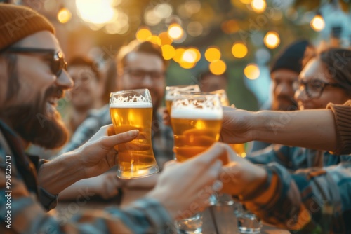 A group of friends wearing casual attire are clinking their beer glasses together in a celebratory toast, enjoying a relaxed and cheerful evening outdoors under festive string lights.