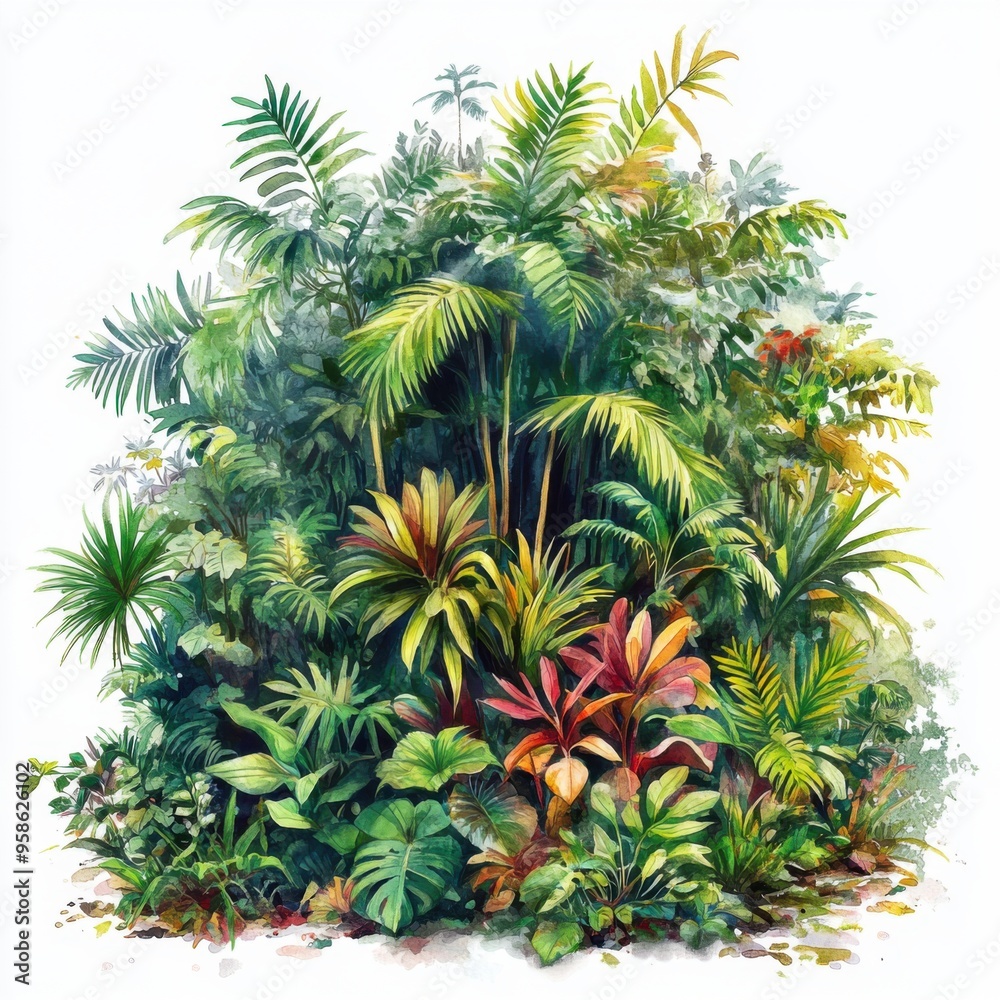 Fototapeta premium Serene Rainforest Oasis: Watercolor Painting of Lush Environment with Earthy Tones on White Background
