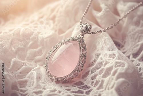 Pink Quartz Pendant on Lace Fabric photo