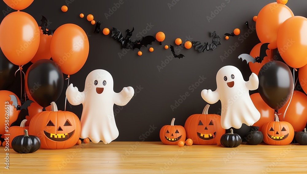 A festive Halloween scene featuring cute ghosts, vibrant balloons, and carved pumpkins on a dark backdrop, perfect for celebration. A festive Halloween scene featuring cute ghosts, vibrant balloons, and carved pumpkins on a dark backdrop, perfect for celebration.