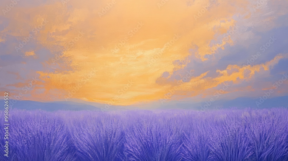 Purple Lavender Field Under a Golden Sunset Sky Purple Lavender Field Under a Golden Sunset Sky