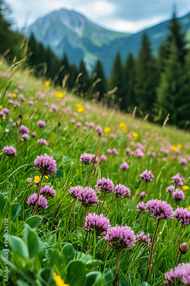 Obraz premium Clover flowers on the slope among the grass. Alpine meadows close up