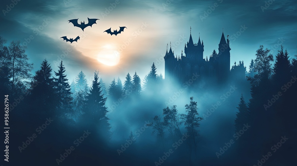 A Silhouetted Castle in a Foggy Forest at Dusk A Silhouetted Castle in a Foggy Forest at Dusk