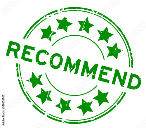 Grunge green recommend word round rubber seal stamp on white background