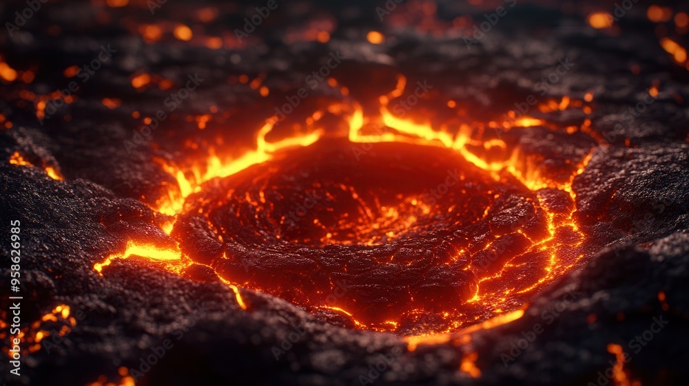 A glowing lava crater surrounded by dark, rocky terrain capturing the power of nature in an intense, fiery display. A glowing lava crater surrounded by dark, rocky terrain capturing the power of nature in an intense, fiery display.